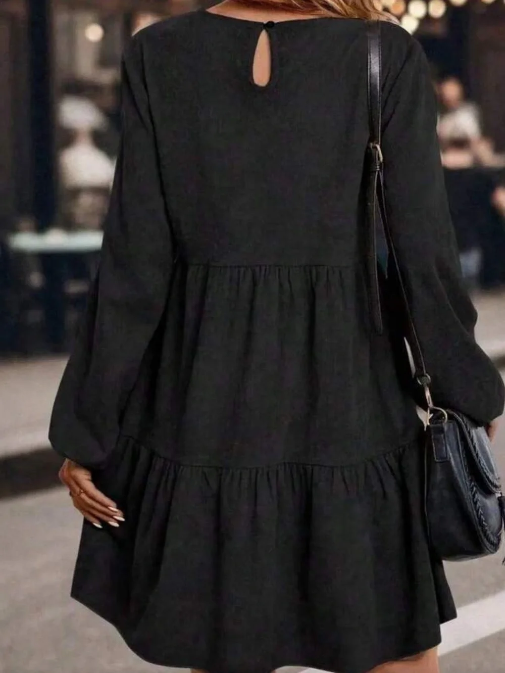 Boho black ruffle hem ribbed knit fall dress